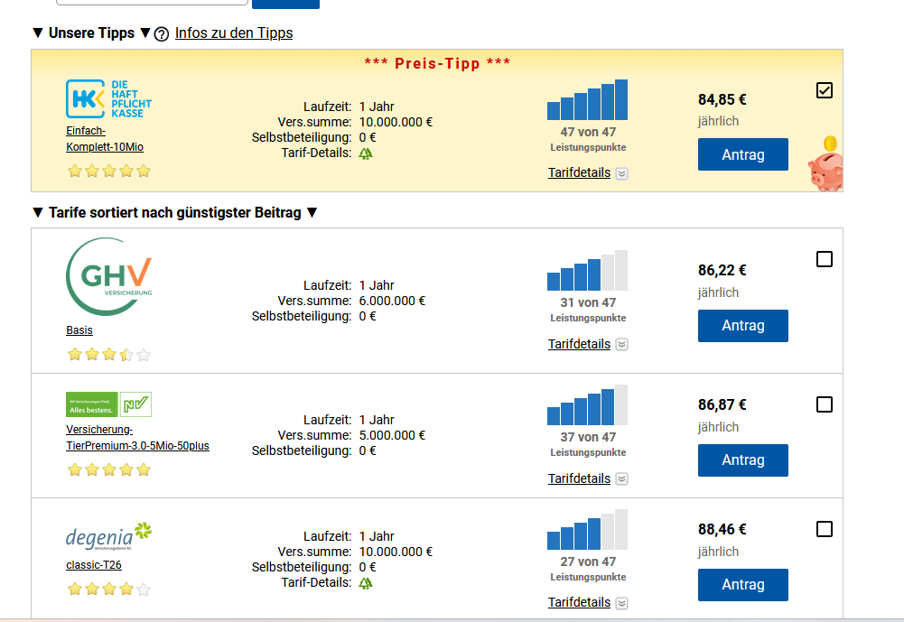 Pferde Haftpflichtversicherung 
Preise im Vergleich 2026