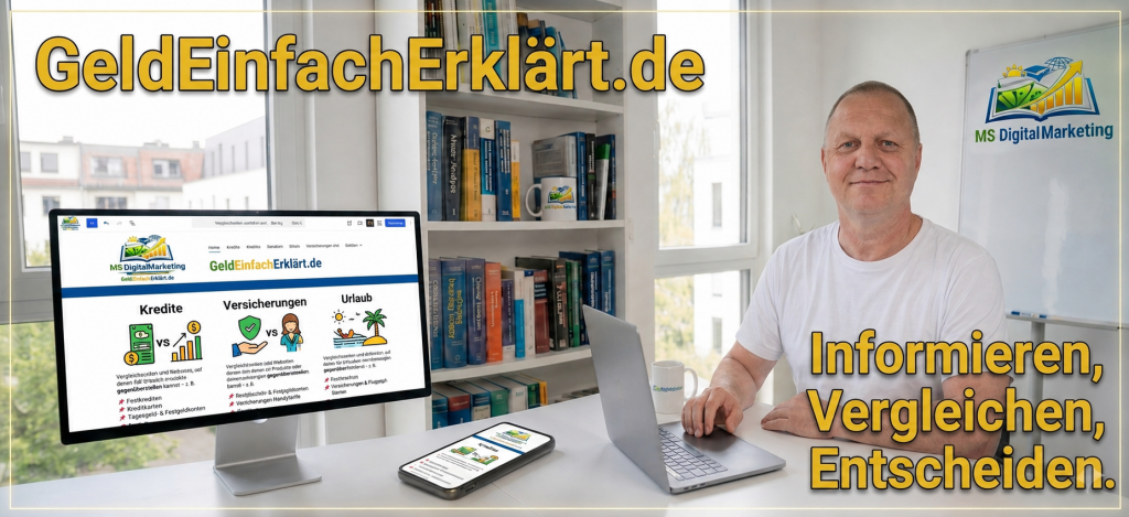 Markus Schmidt von GeldEinfachErklärt.de präsentiert seine Website für glasklare Tarifvergleiche in den Bereichen Kredite, Versicherungen und Urlaub.