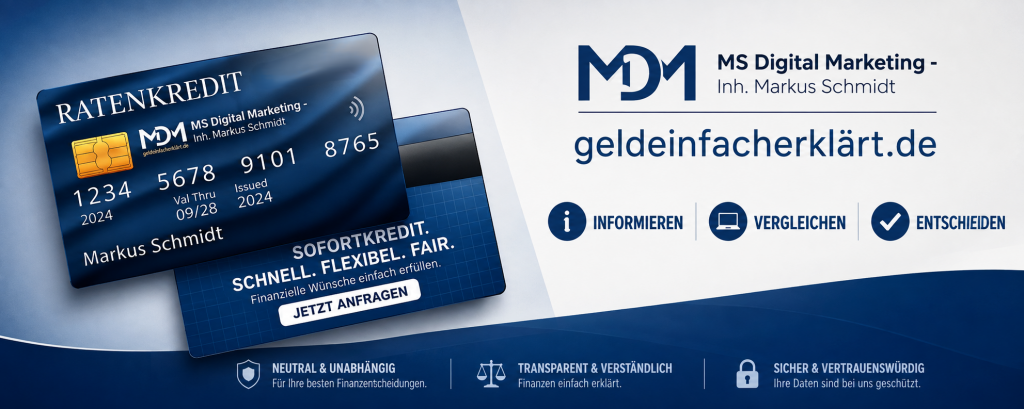 Sofortkredit Hub Banner von GeldEinfachErklärt.de mit Kreditkarten und dem Slogan Informieren, Vergleichen, Entscheiden