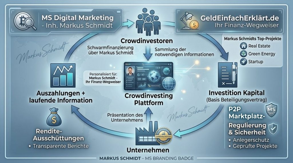 Crowdinvesting Prozess Ablauf – Infografik zur Schwarmfinanzierung von GeldEinfachErklärt.de mit Investoren, Plattform und Rendite.
