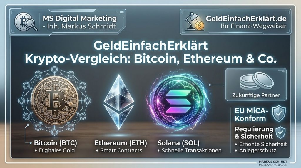 Krypto Vergleich 2026 – Grafische Übersicht von GeldEinfachErklärt.de zu Bitcoin, Ethereum, Solana und reguliertem Krypto-Handel.