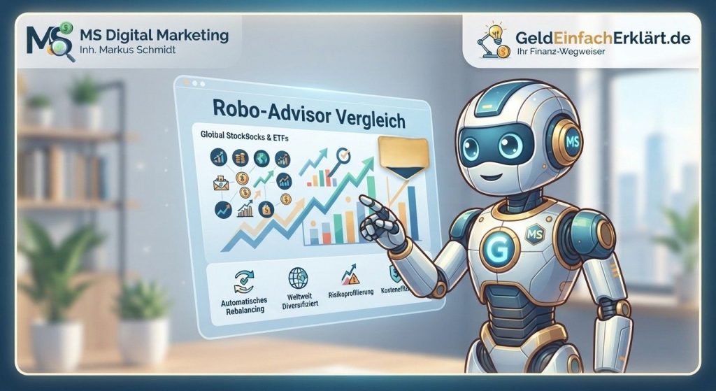 Robo-Advisor Vergleich 2026 – Grafische Übersicht von GeldEinfachErklärt.de zur automatisierten Geldanlage.